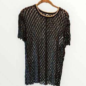 🥑IRO Paris sheer mesh top black with gold crewneck short sleeve pullover XS